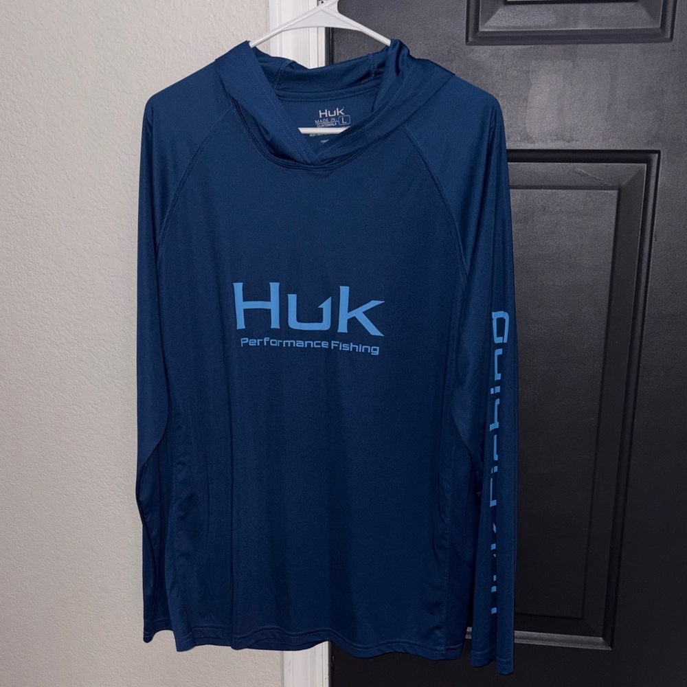 Huk Navy Hooded Long Sleeve with Light Blue Logo